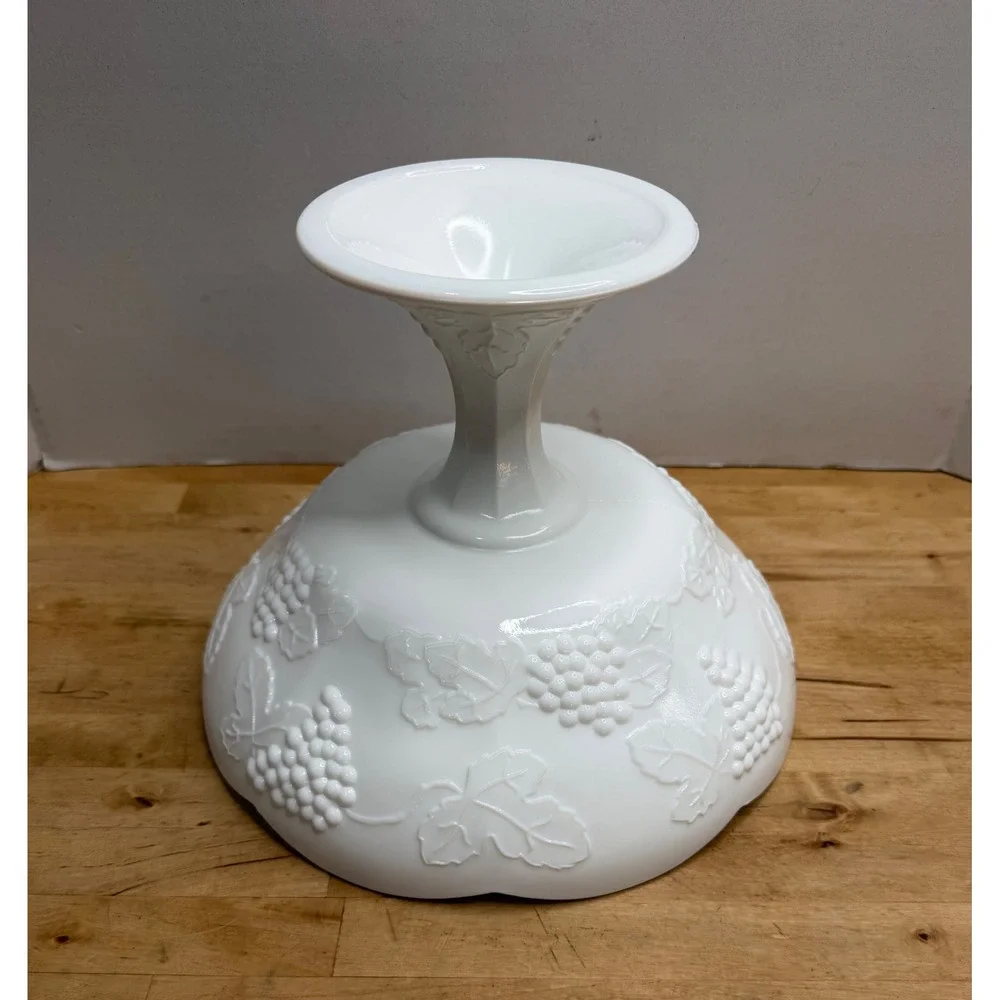 Vintage White Milk Glass Pedestal Compote Bowl Embossed Grapes & Scalloped Rim